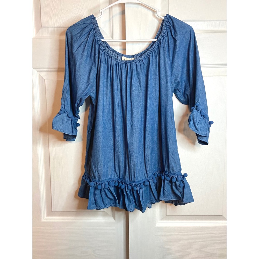 Hester & Orchard Blue Chambray Pom Pom Ruffle Tunic Top Small Boho Off Shoulder
